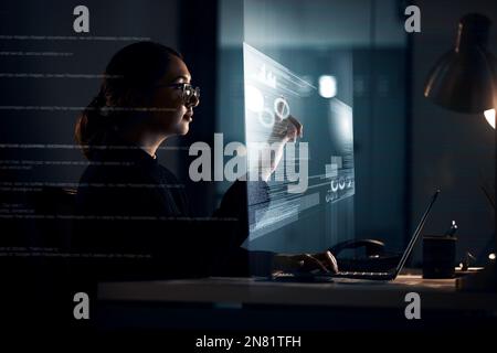Futuristic, hologram and laptop with business woman at night for software, augmented reality and digital transformation. Developer, 3d and overlay Stock Photo