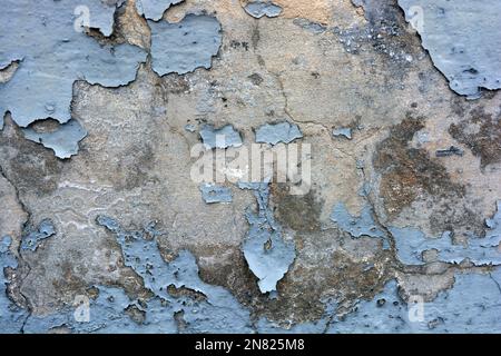 The gray flat concrete wall painted long ago with blue, light blue paint has already cracked, deep cracks on the wall are visible Stock Photo