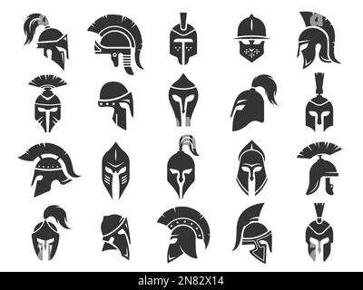 Spartan black helmets. Ancient roman gladiator headgear protection, monochrome silhouettes of medieval classical greek soldier war equipment. Vector Stock Vector