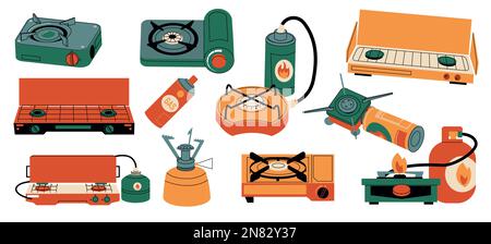 Gas stove. Camping portable burner with propane fuel balloons, expedition picnic equipment for outdoor cooking cartoon flat style. Vector set Stock Vector