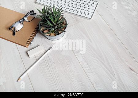 Stationery, succulent plant, glasses and keyboard on light wooden background. Copy space for text. Stock Photo