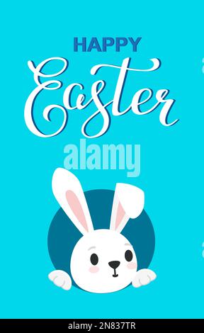 Card with calligraphy text Happy Easter and cute bunny looks out of a hole Stock Vector