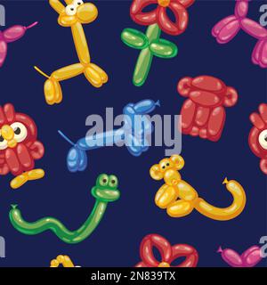 Balloon animals pattern. Seamless print of cute inflatable birthday party decoration elements, funny dog monkey snake horse characters. Vector texture Stock Vector