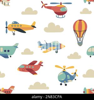 Baby air transport pattern. Seamless print of cute childish aviation, nursery wallpaper with doodle kid airplane helicopter transportation. Cartoon Stock Vector
