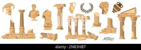 Antique exhibition collection. Greek ancient classic goddess statues columns vases, old historical mystic elements boho style. Vector flat set Stock Vector