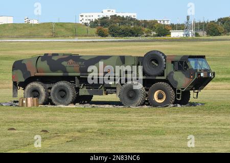 Kanagawa Prefecture, Japan - October 25, 2020: United States Army Oshkosh HEMTT M978 9,500-liter capacity fuel tanker. Stock Photo