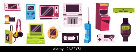 Retro devices. Cartoon vintage 90s gadgets, cute colorful hipster analog electronics, flat old-fashioned technique past nostalgic concept. Vector set Stock Vector