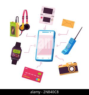 Smartphone replaced devices. Mobile phone multipurpose functionality in comparison with retro analog devices, nostalgic 90s concept. Vector Stock Vector