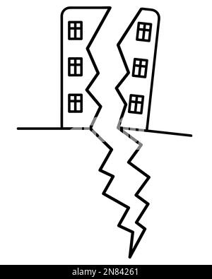 The residential building is split into two halves. Split due to earthquake tremors. Sketch. Part of the building began to collapse. Vector Stock Vector