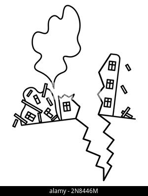 The residential building began to collapse and fall. Sketch. Structures fly in different directions. A column of dust rose. The crack on the building Stock Vector
