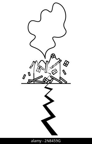 The skyscraper collapsed due to the tremors of the earthquake. Dust has risen. Building structures fly in different directions. Sketch. Vector Stock Vector
