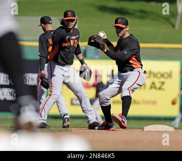 The Giants' Marco Scutaro, (left) Brandon Crawford, (35) Angel Pagan, (16),  and Andres Torres, (behind) celebrate Pagan's winning run with an inside  the park homer in the tenth inning as the San