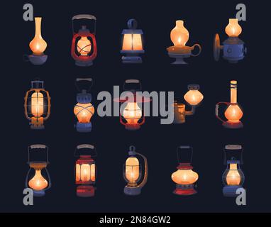 Cartoon lantern. Old gas kerosene lamp with burning wick and handle, portable tourist camping or hiking lighting equipment flat style. Vector isolated Stock Vector