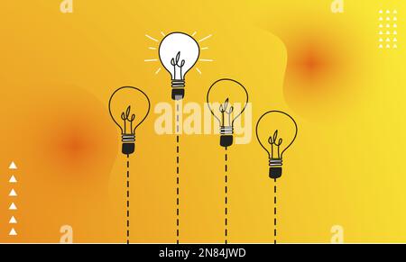 Set of light bulbs and a light bulb stands out. Flat vector with light bulb icons on yellow background. Concept of innovation, creativity and leadersh Stock Vector