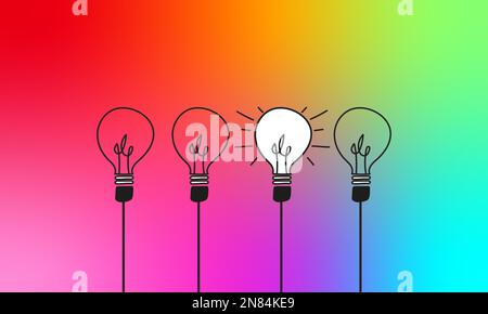 Set of light bulbs with a glow on colorful background. Modern vector icons of light bulbs. Concept of equality in companies and business. Vector illus Stock Vector