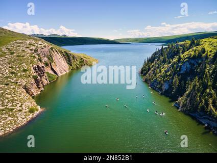 Top down aerial drone shot of group of people at stand up paddle boards SUP in the mountain lake near rock with spruce forest in Kazakhstan Stock Photo