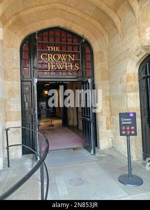Tower of London, 2023.  Entrance to the Crown Jewels which are housed in the Tower,  there are a collection of royal ceremonial objects, which include Stock Photo