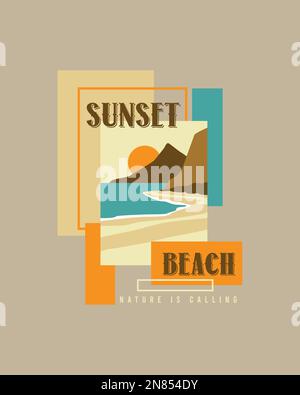 Retro Sunset Beach nature scenery art typography geometrical poster design for t shirt print vector Stock Vector