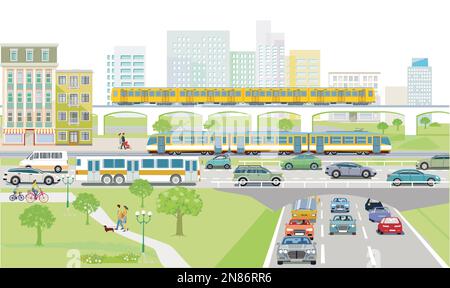 Main street with tram and road traffic and in front of buildings, illustration Stock Vector