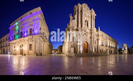 Cathedral of Syracuse in Syracuse, Sicily at twilight. Stock Photo