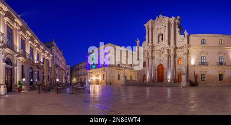 Cathedral of Syracuse in Syracuse, Sicily at twilight. Stock Photo