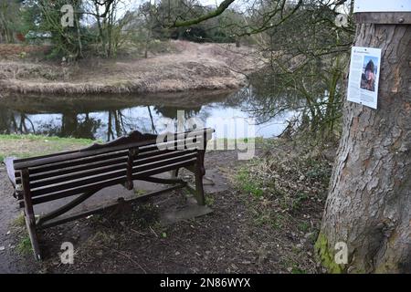 The bench where Nicola Bulley's phone was found, on the banks of the River Wyre in St Michael's on Wyre, Lancashire, as police continue their search for Ms Bulley, 45, who was last seen on the morning of Friday January 27, when she was spotted walking her dog on a footpath by the river. Picture date: Saturday February 11, 2023. Stock Photo