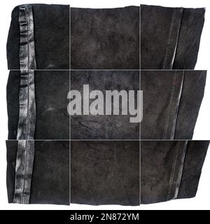Collection of black leather textures isolated on white background. Rough uneven edges. Square composite image of leather textures Stock Photo