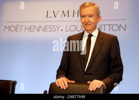 Bernard Arnault, Chairman and CEO of LVMH, Louis Vuitton Moet Hennessy,  the Paris-based luxury goods empire, delivers his speech during the  presentation of the 2015 year results in Paris, France, Tuesday, Feb.