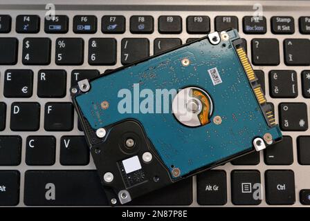 Laptop Notebook HDD hard disk drive interior Stock Photo