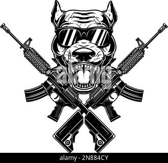 Angry dog head with crossed assault rifles. Design element for poster, emblem, sign. Vector illustration Stock Vector