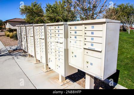 Row Of Housing Subdivision Mailboxes Stock Photo