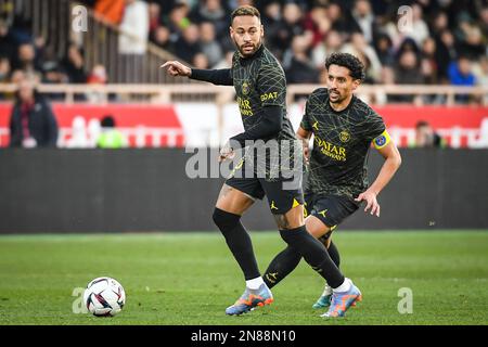 Monaco, France, Monaco. 11th Feb, 2023. NEYMAR JR of PSG and MARQUINHOS of PSG during the Ligue 1 match between AS Monaco and Paris Saint-Germain (PSG) at Louis II Stadium on February 11, 2023 in Monaco, Monaco. (Credit Image: © Matthieu Mirville/ZUMA Press Wire) EDITORIAL USAGE ONLY! Not for Commercial USAGE! Credit: ZUMA Press, Inc./Alamy Live News Stock Photo