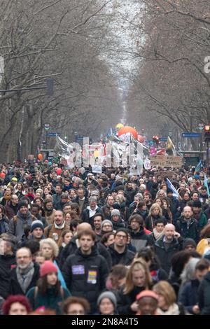 Paris, France. 11th Feb, 2023. Thousands of people demonstrate against the pension reform, in Paris, France, on February 11, 2023. Photo by Florian Poitout/ABACAPRESS.COM Credit: Abaca Press/Alamy Live News Stock Photo