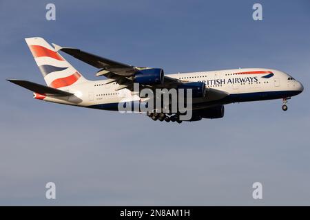 A British Airways Airbus A380 lands at London Heathrow Airport in 2023 Stock Photo