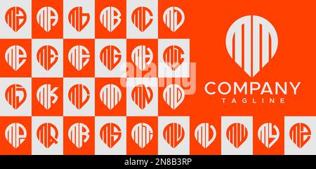 Modern pin point letter M logo design vector. Line marker MM M initial logo set. Stock Vector