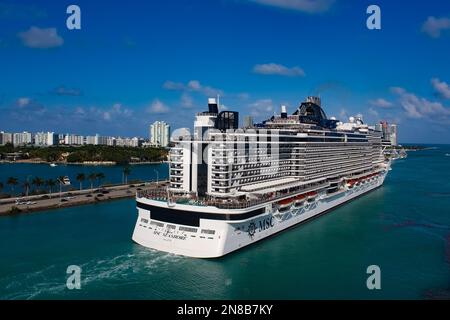 Miami, USA - April 29, 2022: MSC Seashore cruise ship prepares for departure from Miami to a weeklong Caribbean voyage Stock Photo