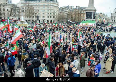 London, UK. 11th Feb, 2023. Iran women protest in Trafalgar Square. Ongoing anti Iran regime protest in Trafalgar Square following the death of Mahsa Amini. Credit: JOHNNY ARMSTEAD/Alamy Live News Stock Photo