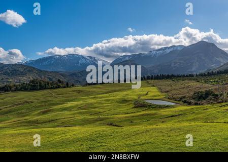 Panoramic view of the valley with the snow-capped Madonie peaks in the background, Sicily Stock Photo