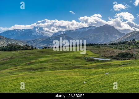 Panoramic view of the valley with the snow-capped Madonie peaks in the background, Sicily Stock Photo