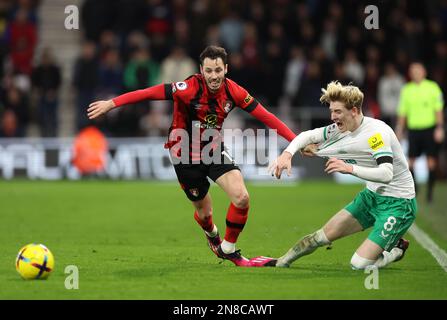 Bournemouth's Adam Smith collides with Newcastle United's Anthony Gordon during the Premier League match at the Vitality Stadium, Bournemouth. Picture date: Saturday February 11, 2023. Stock Photo