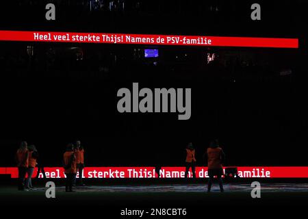 EINDHOVEN - (lr) PSV draws attention to stem cell donation during the Dutch premier league match between PSV Eindhoven and FC Groningen at the Phillips stadium on February 11, 2023 in Eindhoven, the Netherlands. ANP JEROEN PUTMANS Stock Photo