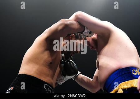 Jeamie 'TKV' Tshikeva (left) in action against Harry Armstrong in the heavyweight contest at the OVO Wembley Arena, London. Picture date: Saturday February 11, 2023. Stock Photo