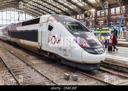 Lille, France - October 02, 2022: French TGV train at the station in Lille. TGV is France's intercity high-speed rail service, operated by SNCF Stock Photo