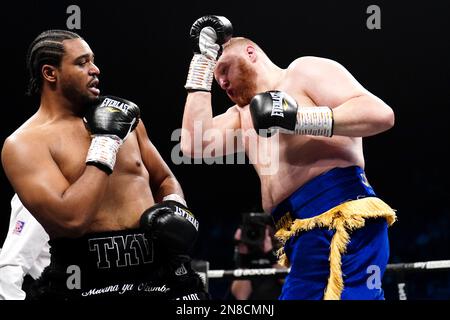 Jeamie 'TKV' Tshikeva (left) in action against Harry Armstrong in the heavyweight contest at the OVO Wembley Arena, London. Picture date: Saturday February 11, 2023. Stock Photo