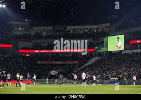 EINDHOVEN - PSV draws attention to stem cell donation during the Dutch premier league match between PSV Eindhoven and FC Groningen at the Phillips stadium on February 11, 2023 in Eindhoven, the Netherlands. ANP JEROEN PUTMANS Stock Photo