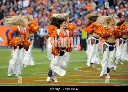 The Denver Broncos cheerleaders perform in their Christmas Holiday uniforms  at the end of the first quarter at Invesco Field at Mile High in Denver on  December 20, 2009. UPI/Gary C. Caskey