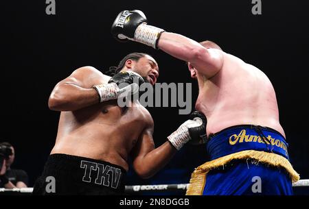 Jeamie 'TKV' Tshikeva (left) in action against Harry Armstrong in the heavyweight contest at the OVO Wembley Arena, London. Picture date: Saturday February 11, 2023. Stock Photo