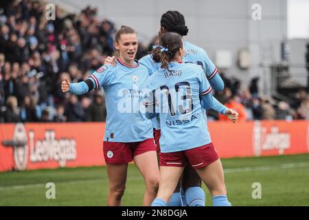 Manchester, UK. 11th Feb, 2023. Manchester, England, February 11th 2023: Players celebrate at full time of the Barclays FA Womens Super League game between Manchester City and Arsenal at Academy Stadium in Manchester, England (Natalie Mincher/SPP) Credit: SPP Sport Press Photo. /Alamy Live News Stock Photo