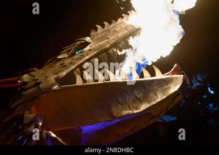 Metal fire breathing dragon at the Chinook Blast  Winter Festival, Calgary  Alberta Canada Stock Photo