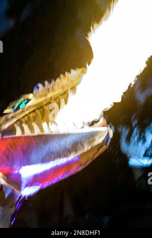 Metal fire breathing dragon at the Chinook Blast  Winter Festival, Calgary  Alberta Canada Stock Photo